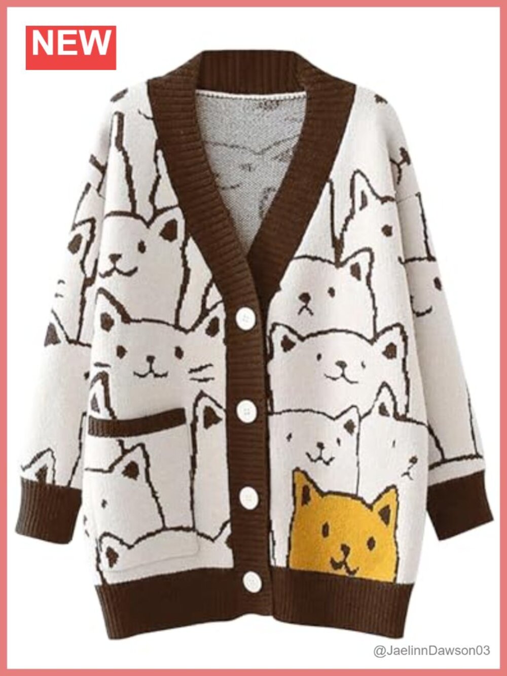 Kawaii Cat Print Chunky Knit Cardigan Oversized Button Down Sweater